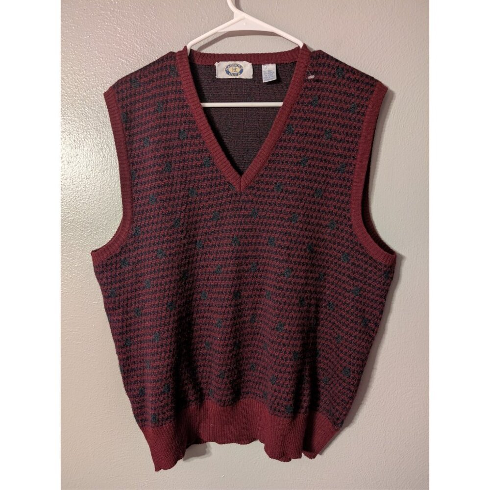 Vintage Harbour Club Wool Blend Sweater Vest Large Red Green Houndstooth Italy
